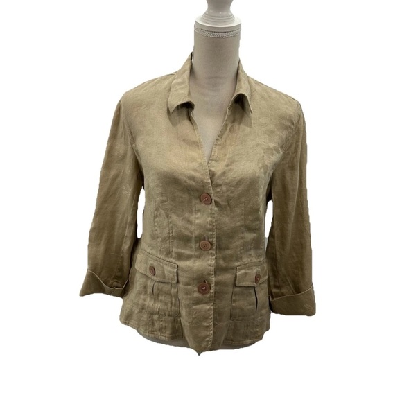 Jones New York Tan Linen Unlined Blazer Blouse Jacket Women’s 10 French Cuffs - Picture 1 of 8